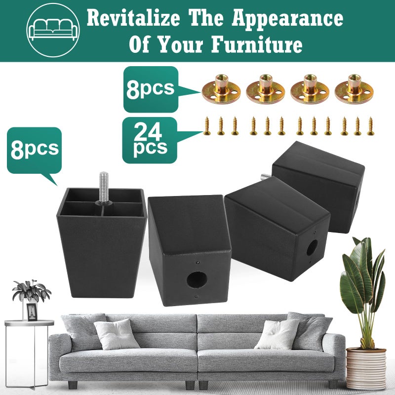Masendelk 8pcs Plastic Furniture Legs 3 inch, Black Couch Legs Square Furniture Feet Sofa Replacement Legs with M8 Plate Nuts for Couch Table Sofa - Image 2